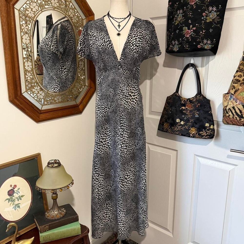 VTG Y2K Lapis Sheer Black & White Dotted Animal Print Flutter Sleeve Midi Dress - Picture 3 of 8